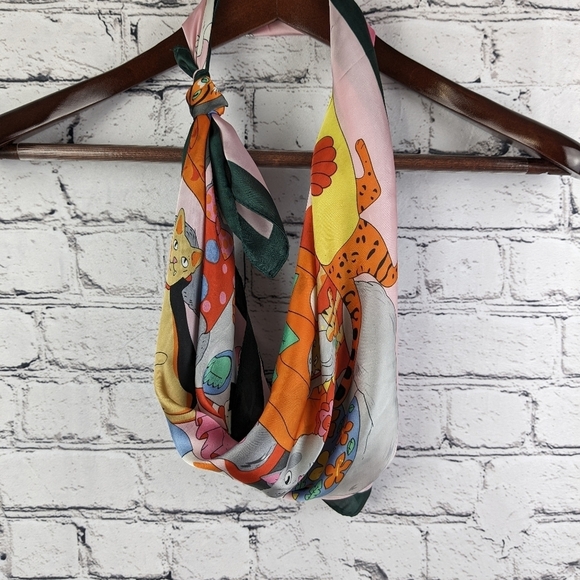 Pink and green whimsical silly cats in costumes silky polyester scarf - Picture 2 of 10